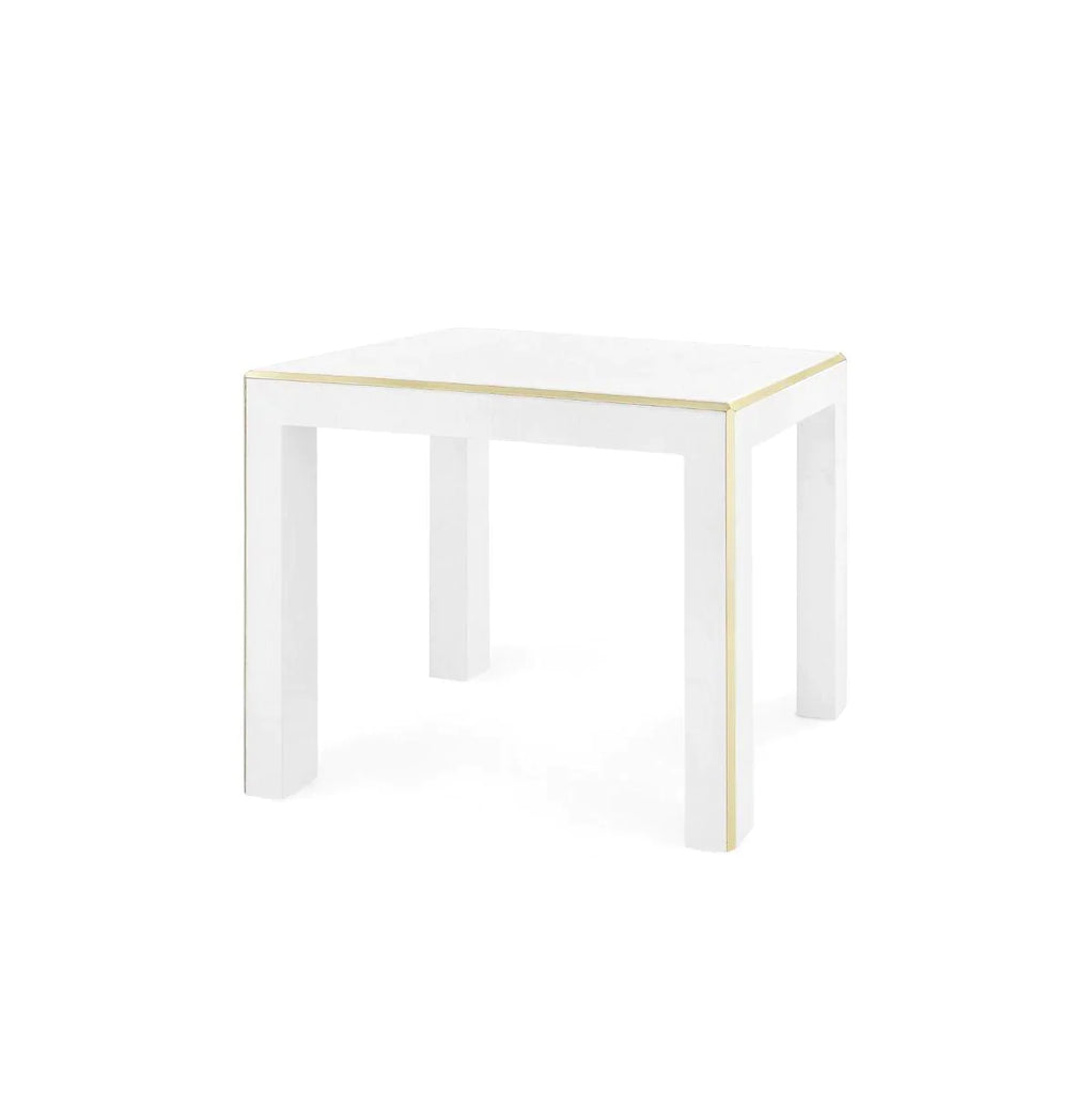 Lauren Side Table in Lacquered White Heavy Linen with Brush Brass Accents - Side & Accent Tables - The Well Appointed House