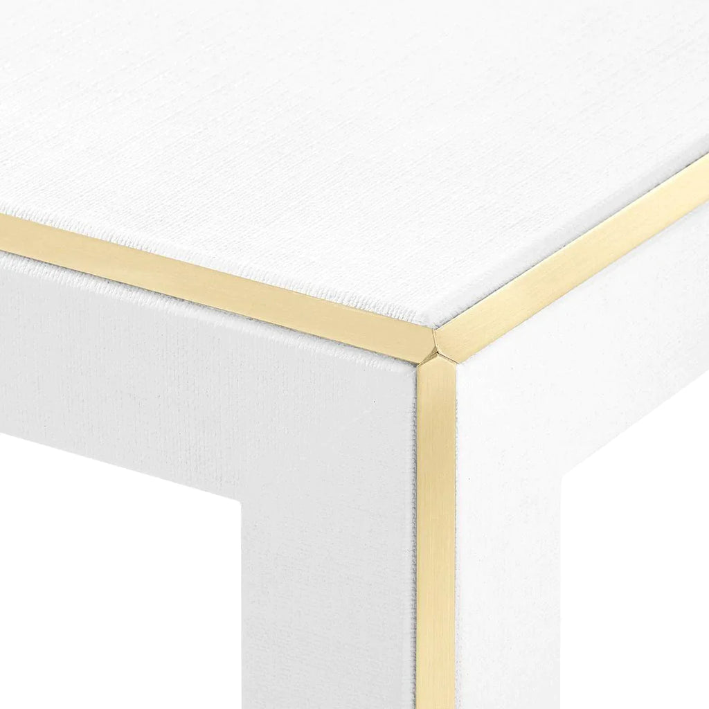 Lauren Side Table in Lacquered White Heavy Linen with Brush Brass Accents - Side & Accent Tables - The Well Appointed House