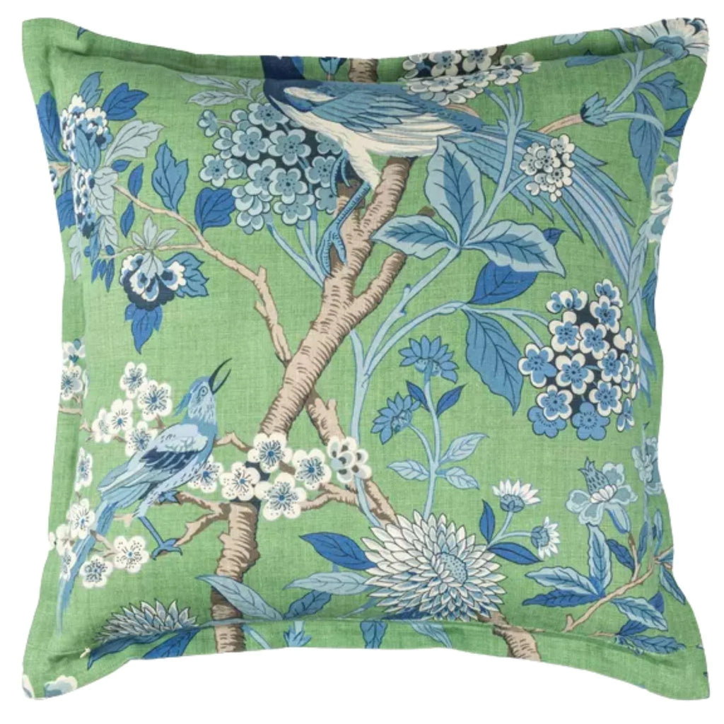 Lee Jofa Emerald Green Birds and Hydrangeas Linen Decorative Throw Pillow - Pillows - The Well Appointed House