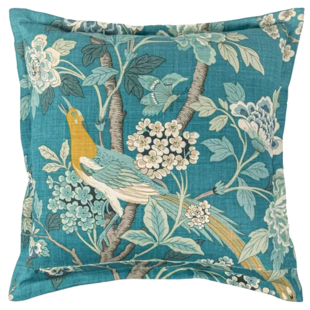 Lee Jofa Teal Birds and Hydrangeas Linen Decorative Throw Pillow - Pillows - The Well Appointed House