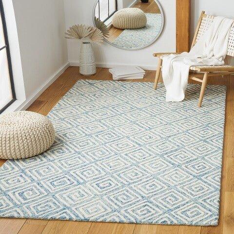 Light Blue & Ivory Hand Tufted Greek Key Motif Area Rug - Rugs - The Well Appointed House