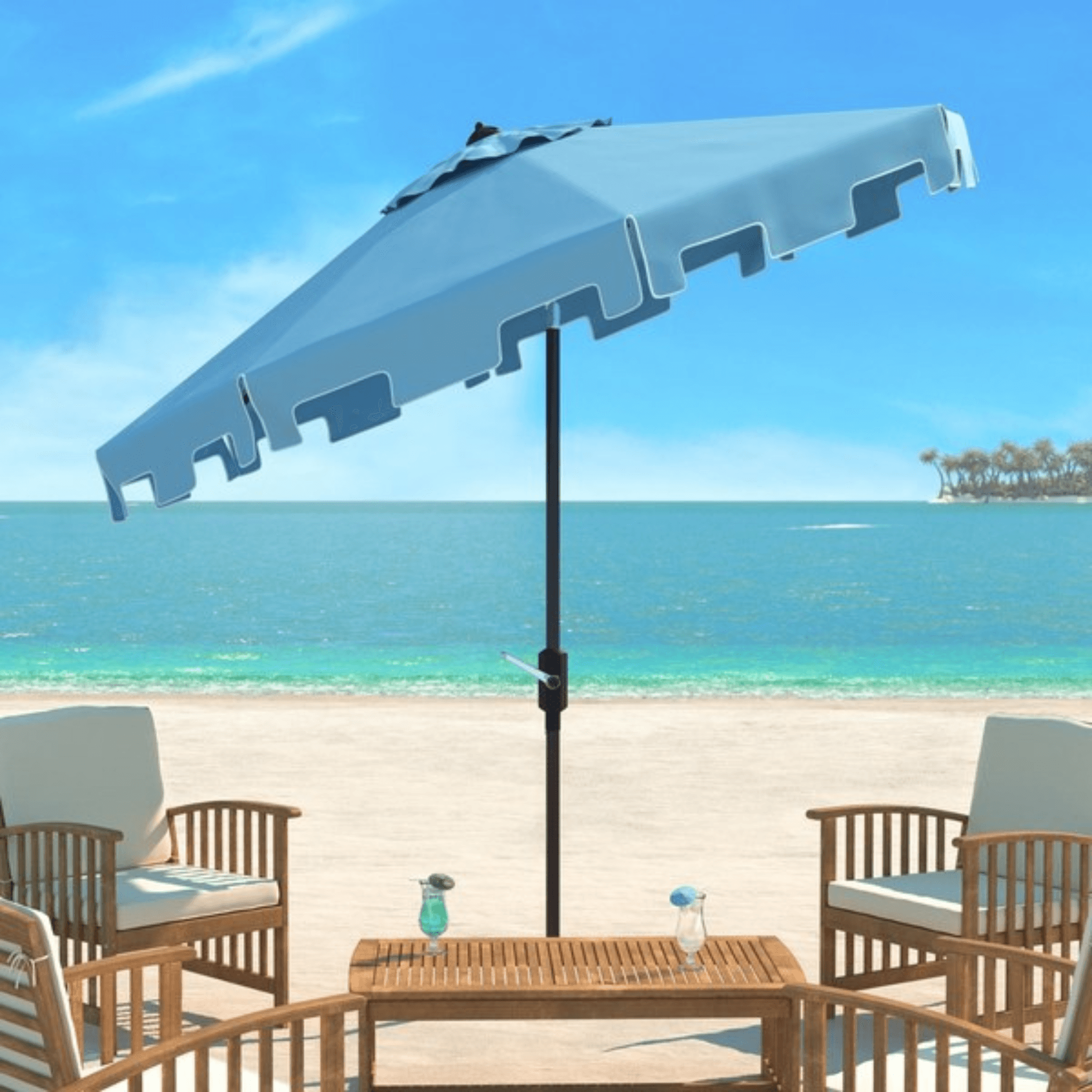 lightweight patio umbrellas Safavieh Zimmerman 9 ft Crank Market Umbrella With Flap, Blue
