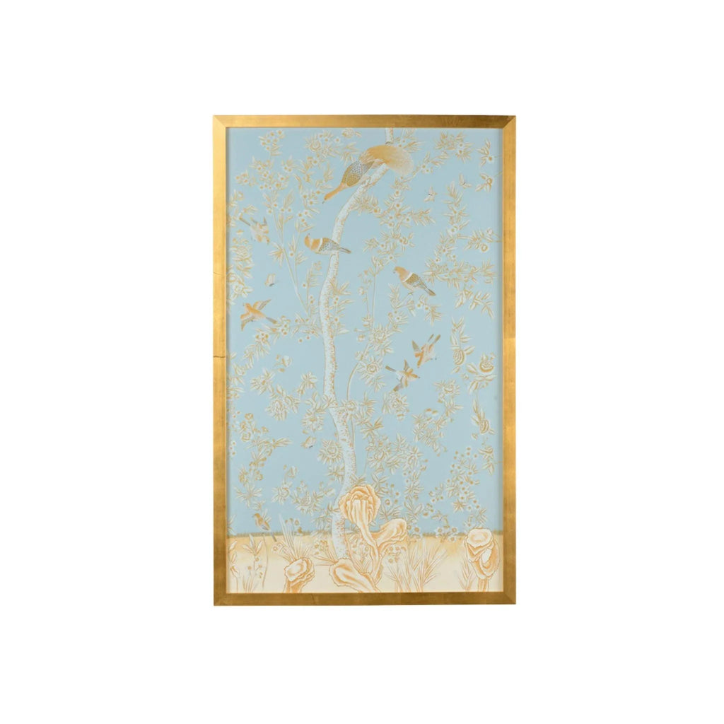 Light Blue Chinoiserie Birds Panel Wall Art With Gold Frame - Paintings - The Well Appointed House