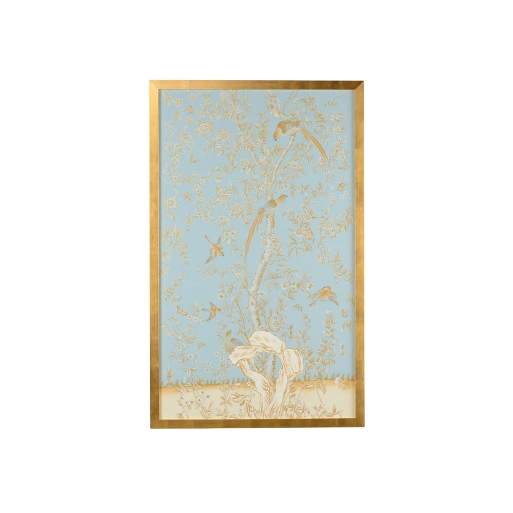 Light Blue Chinoiserie Birds Panel Wall Art With Gold Frame - Paintings - The Well Appointed House