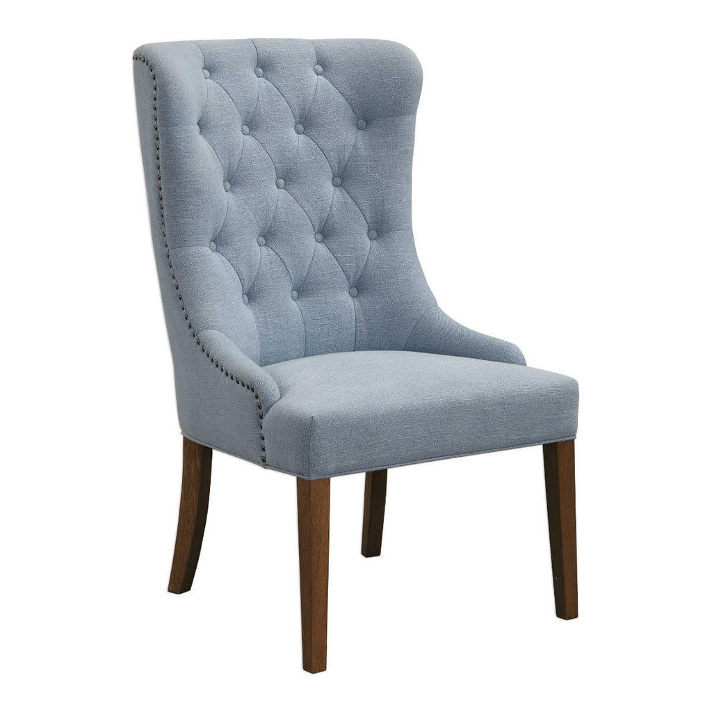 Light Slate Blue Button Tufted Wing Chair with Bronze Nail Head Trim - Accent Chairs - The Well Appointed House