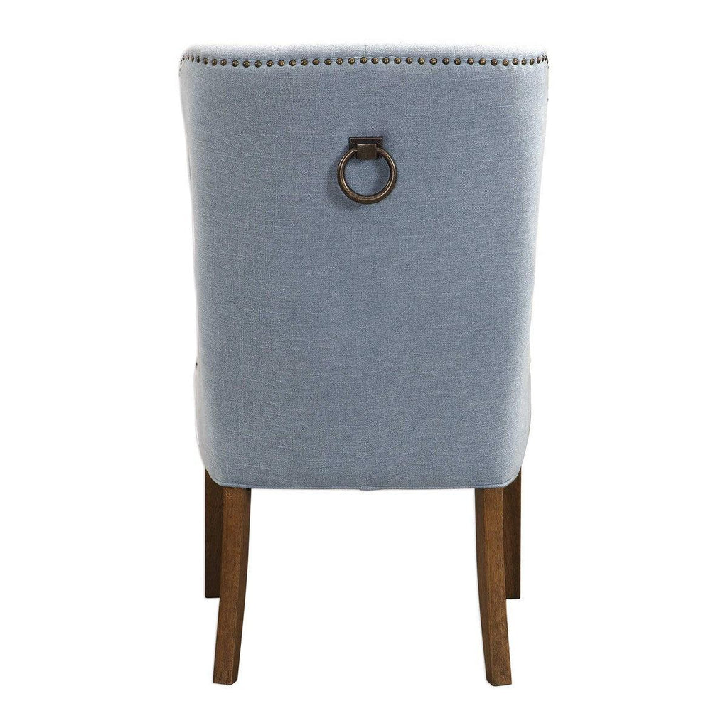 Light Slate Blue Button Tufted Wing Chair with Bronze Nail Head Trim - Accent Chairs - The Well Appointed House