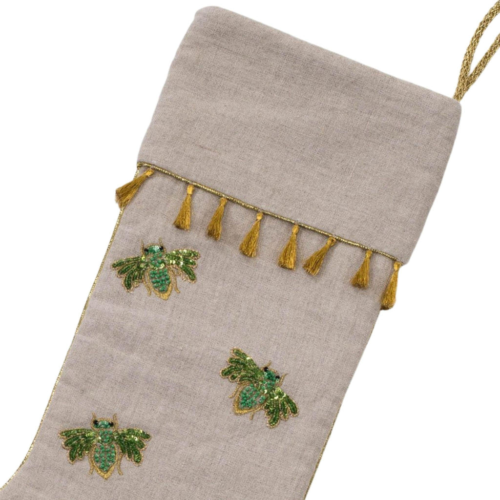 Linen Green Bee Stocking - Christmas Stockings - The Well Appointed House