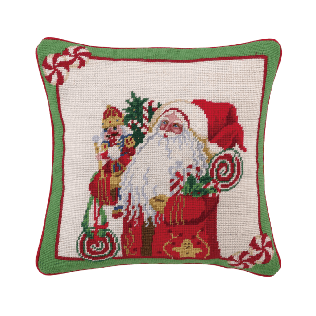 Lolly Jolly Santa Needlepoint Christmas Throw Pillow - Christmas Pillows - The Well Appointed House