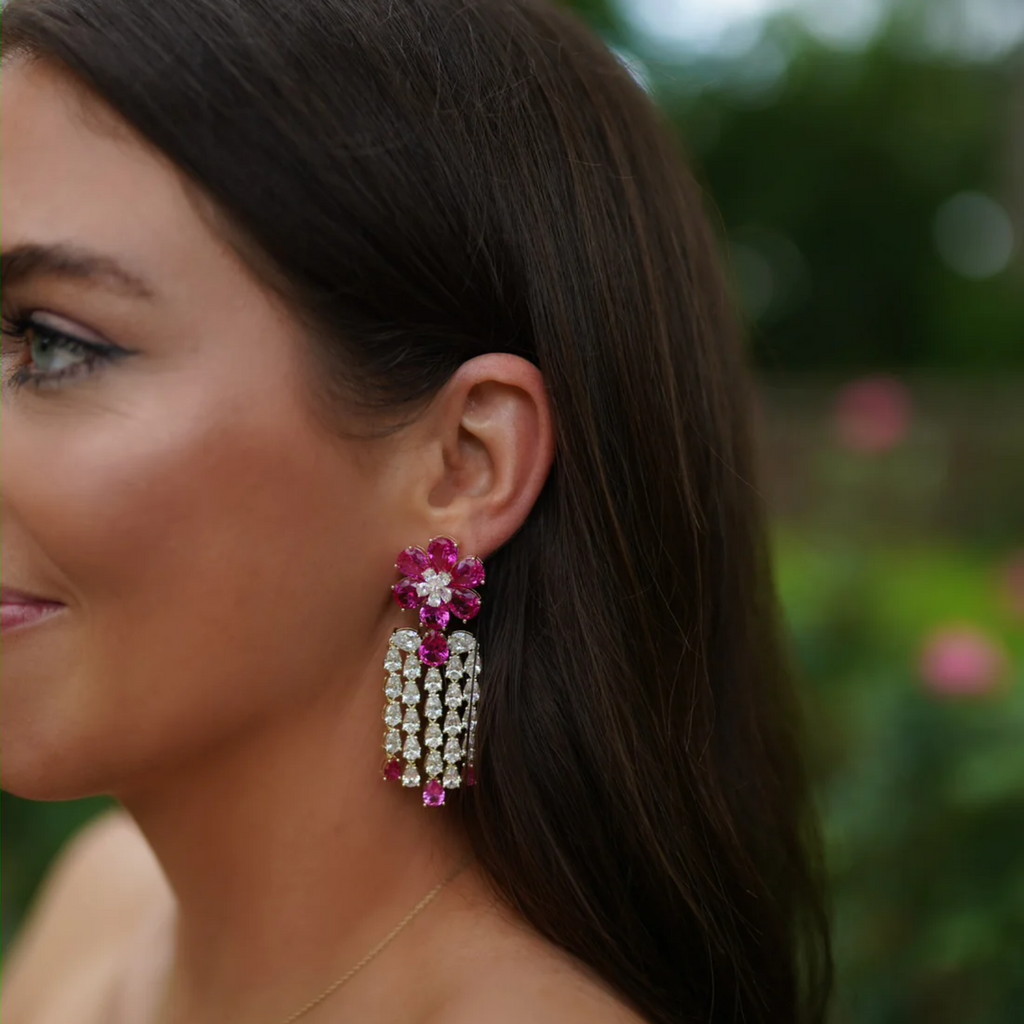 Magenta Flower Embellished Tassel Earrings - The Well Appointed House