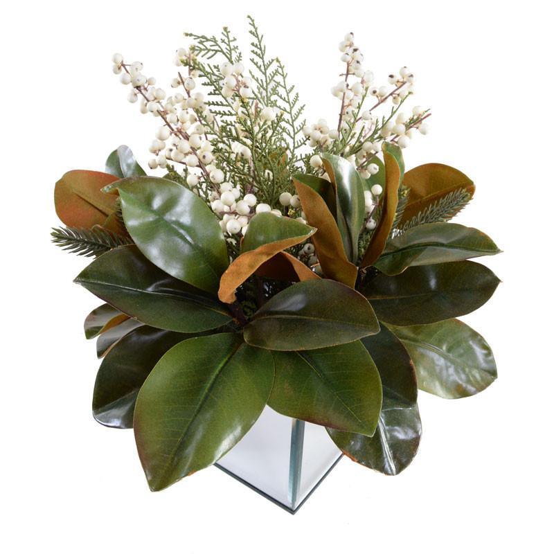 Magnolia, Cedar, Tallow Berry Arrangement in Modern Cube Vase - Florals & Greenery - The Well Appointed House