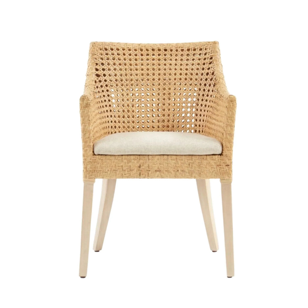 Mahogany Wood and Rattan Arm Chair With Natural Colored Cushion - Dining Chairs - The Well Appointed House