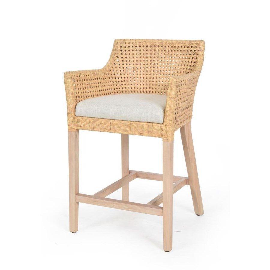 Mahogany Wood and Rattan Counter Chair With Natural Colored Cushion - Bar & Counter Stools - The Well Appointed House
