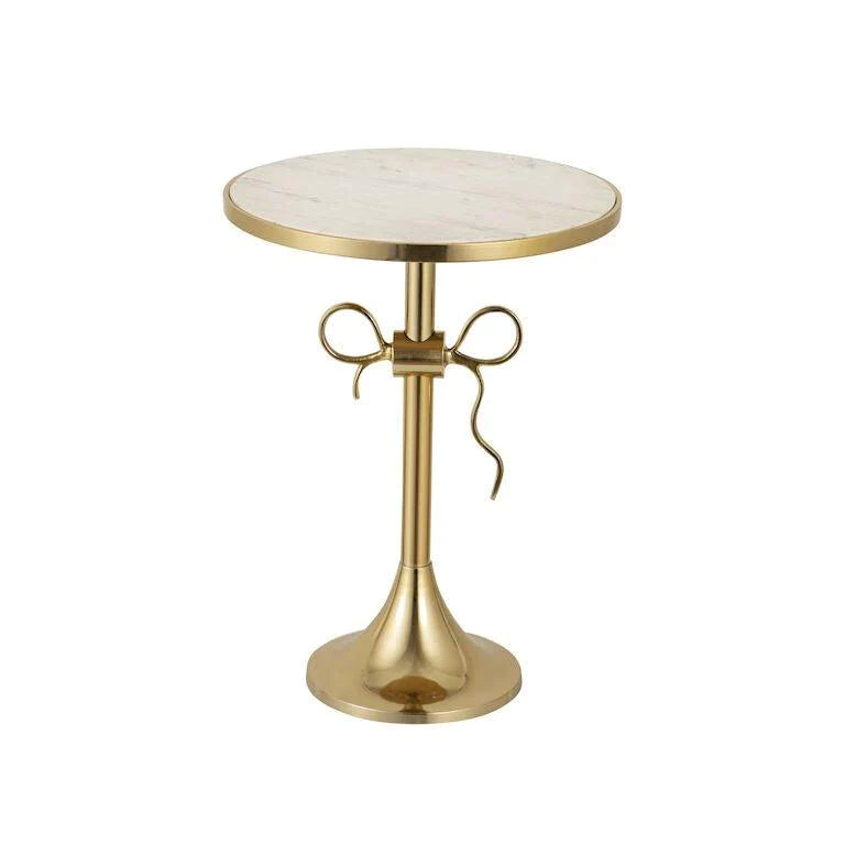 Marble Topped Gold Finish Pedestal Style End Table With Bow Accent - Side & Accent Tables - The Well Appointed House