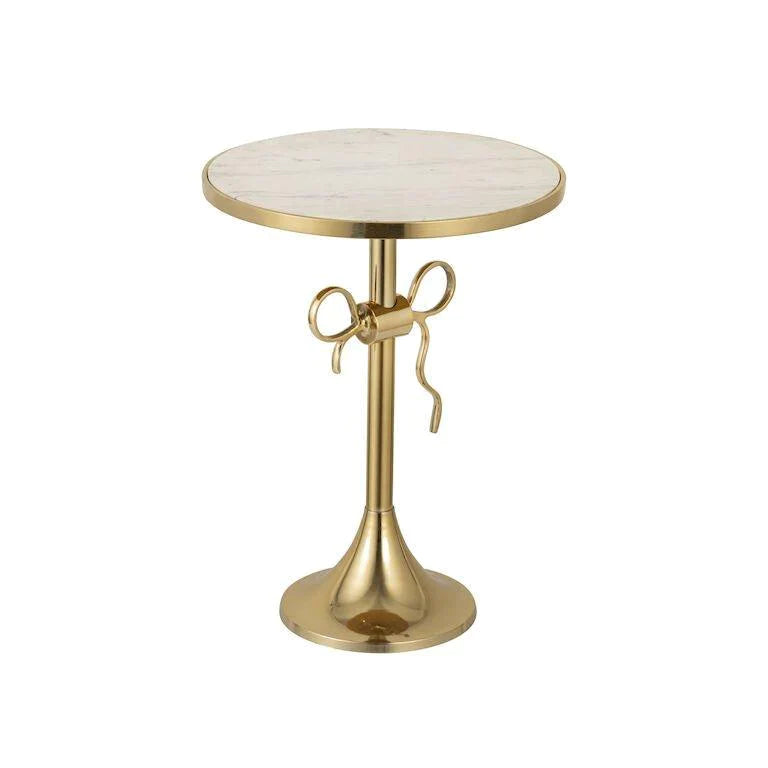 Marble Topped Gold Finish Pedestal Style End Table With Bow Accent - Side & Accent Tables - The Well Appointed House