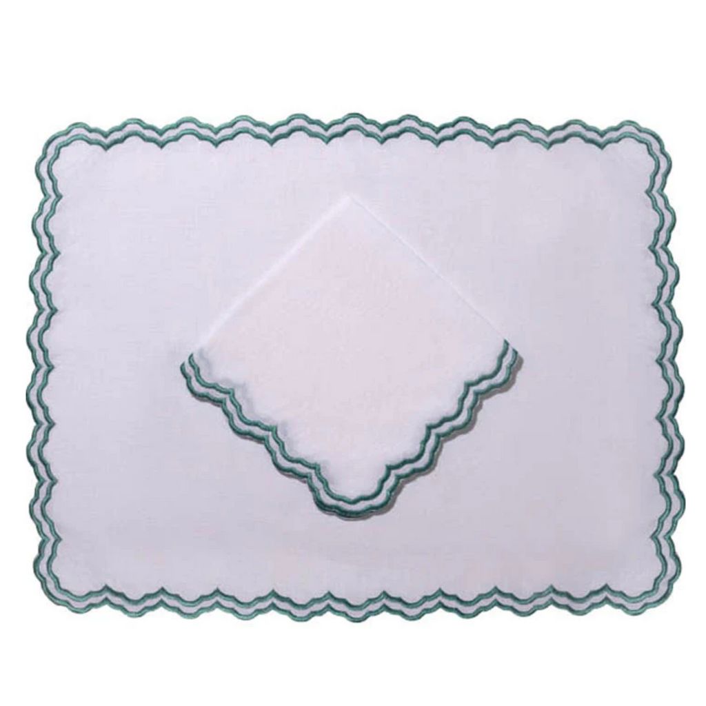 Set of 12 White Linen Embroidered Placemats & Napkins With Green Trim - The Well Appointed House