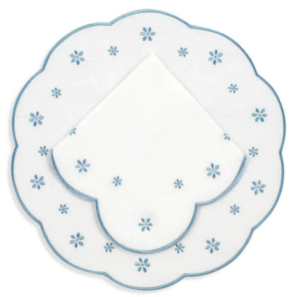 Set of 12 White Linen Embroidered With Blue Flowers Placemats & Napkins - The Well Appointed House