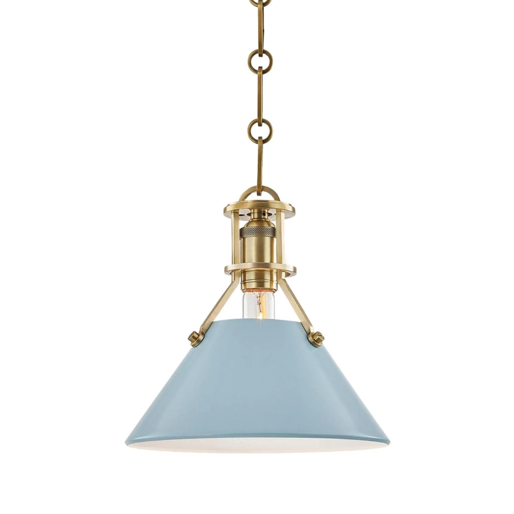 Mark D. Sikes for Hudson Valley Lighting Aged Brass and Blue Bird Painted No. 2 One Light Hanging Pendant Available in Two Sizes - Chandeliers & Pendants - The Well Appointed House
