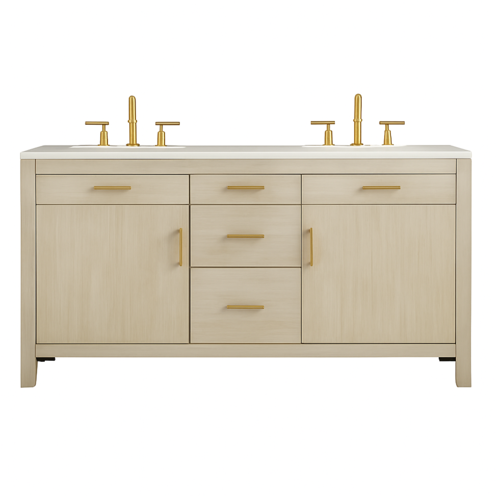 Beige bathroom vanity with gold fixtures on a white background - The Well Appointed House