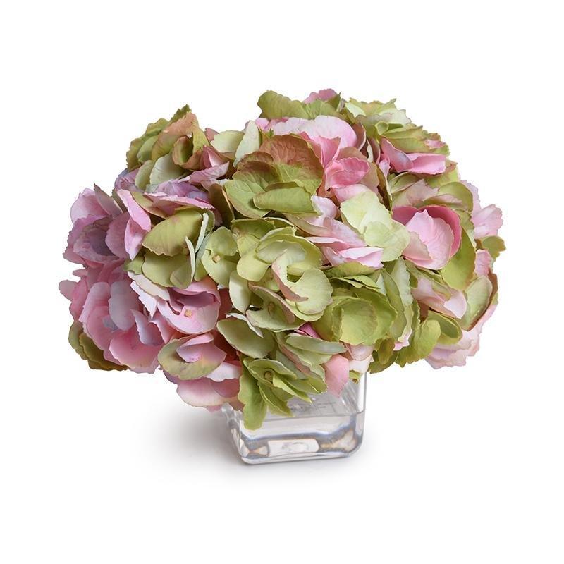 Mauve & Green Silk Hydrangea Blossoms in Glass Cube Vase - Florals & Greenery - The Well Appointed House