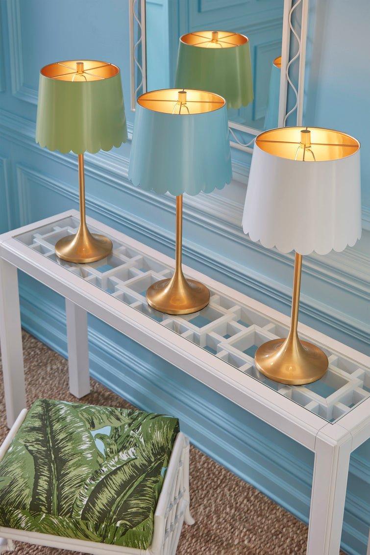 Meg Braff Brass Table Lamp With Scalloped Sky Blue Shade