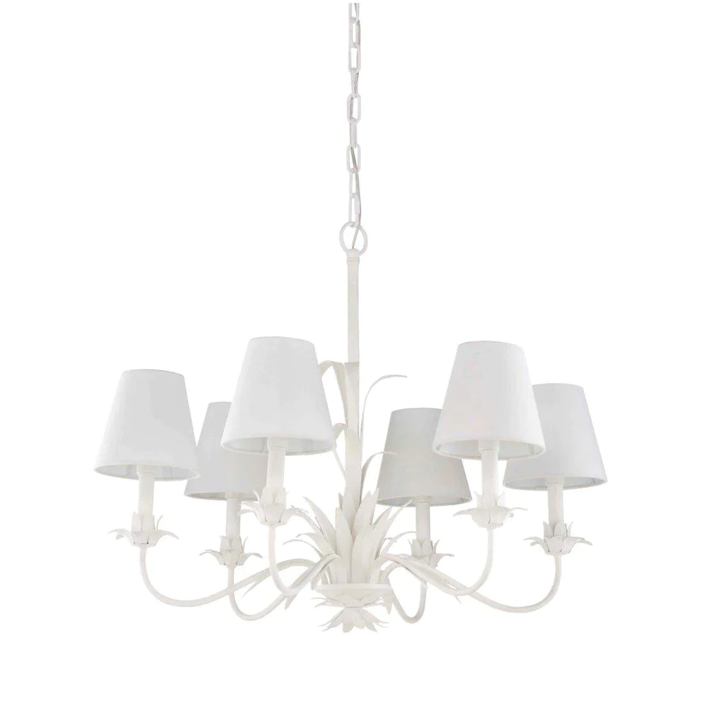 Meg Braff Six Light Tole Chandelier With White Shades - Chandeliers & Pendants - The Well Appointed House
