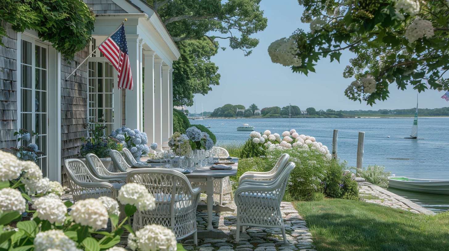 Outdoor dining area with white furniture and flowers by a waterfront house.