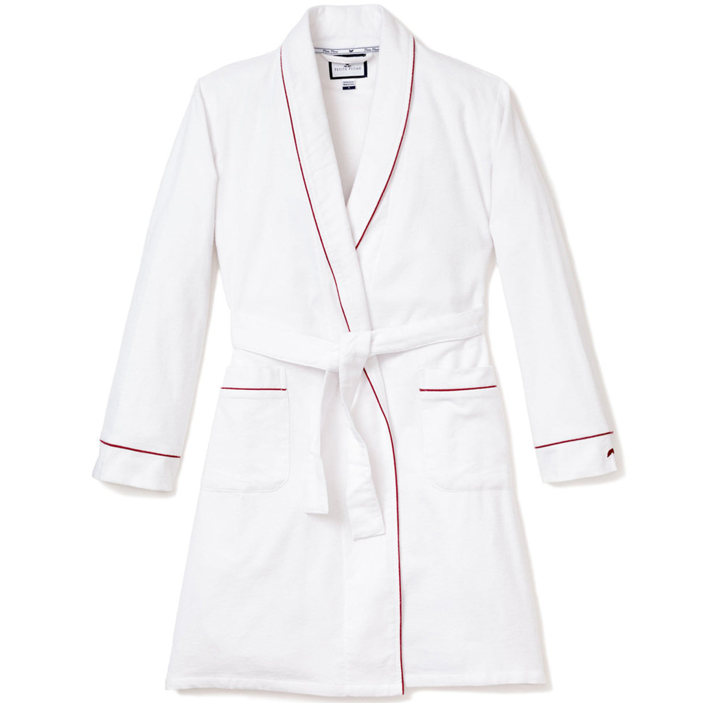 Men's Flannel Robe in White with Red Piping - The Well Appointed House 