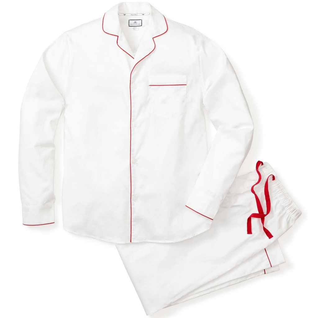Men's Twill Pajama Set in White with Red Piping - The  Appointed House 