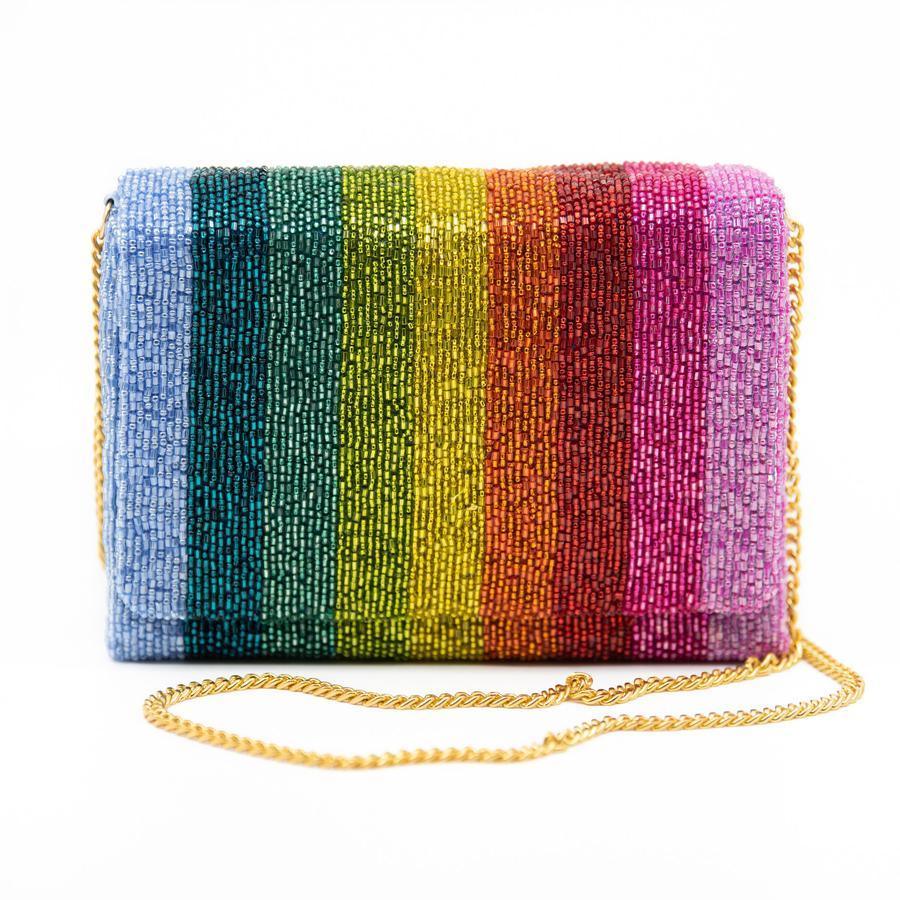 Metallic Rainbow Striped Beaded Handbag With Gold Chain - Gifts for Her - The Well Appointed House