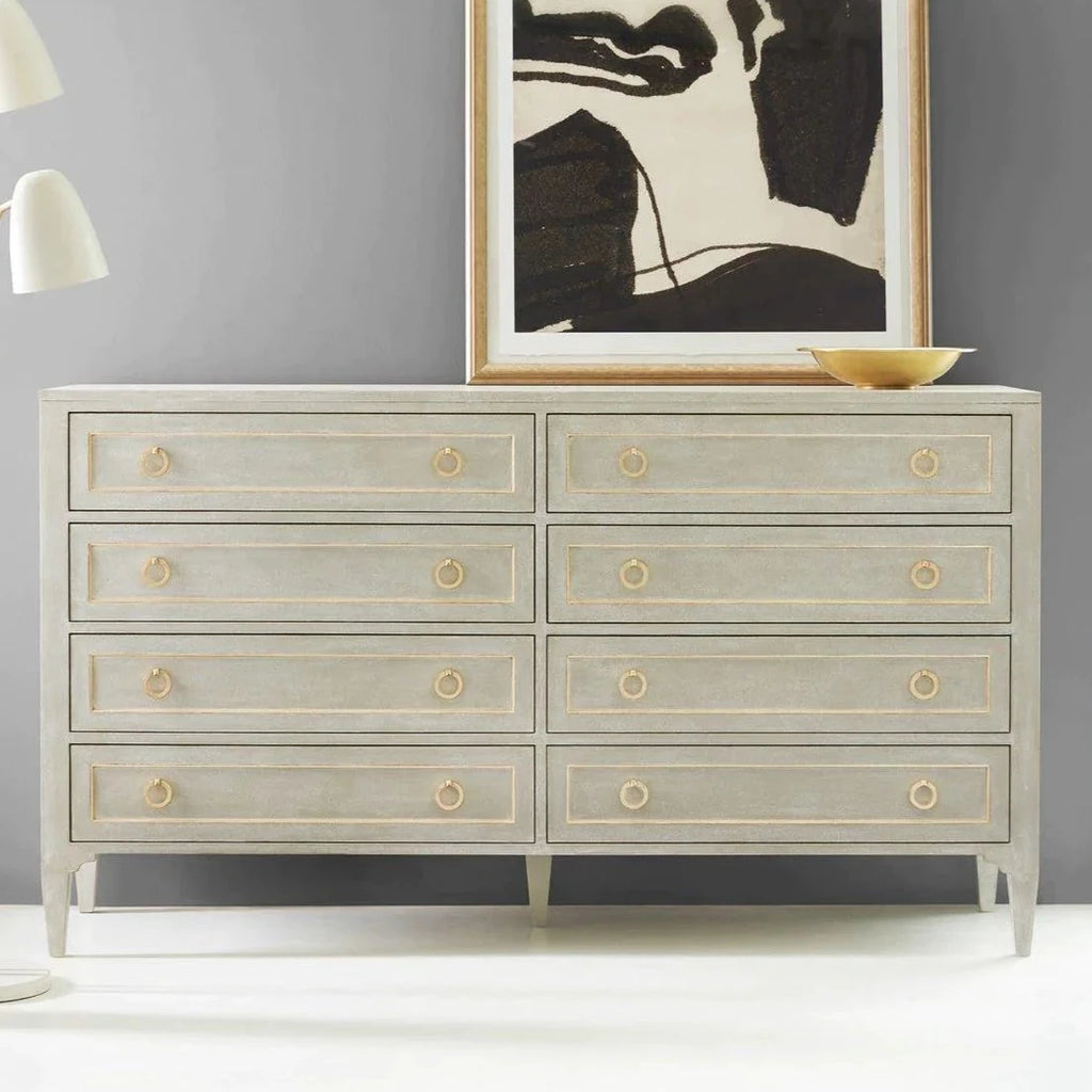 Modern History Eight Drawer Painted Antique Grey Gustavian Dresser with Gold Leaf Detailing - Nightstands & Chests - The Well Appointed House