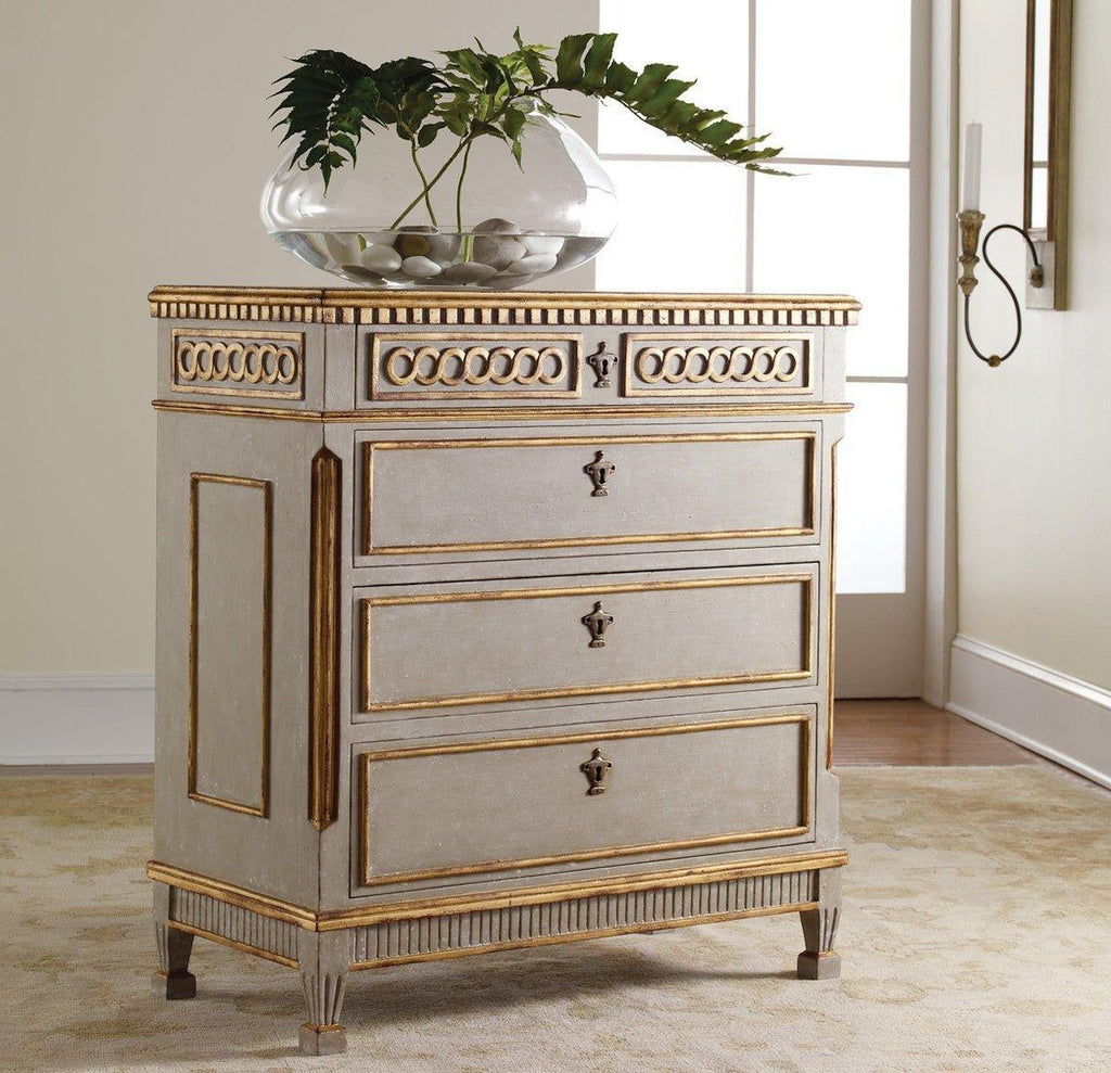 Modern History Four Drawer Painted Antique Grey Regency Chest with Gold Leaf Details - Nightstands & Chests - The Well Appointed House
