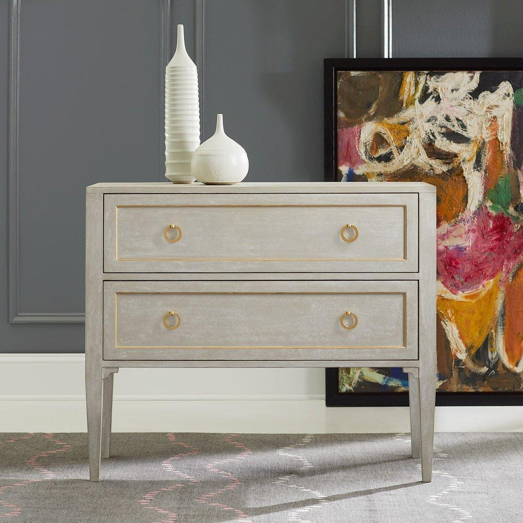 Modern History Gustavian Painted Antique Grey Two Drawer Chest with Gold Leaf Detailing and Hardware - Nightstands & Chests - The Well Appointed House