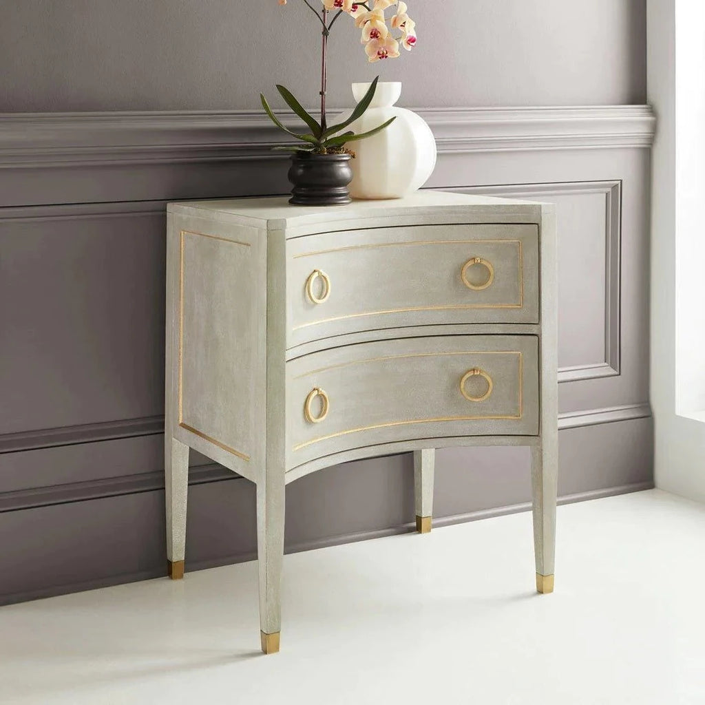 Modern History Gustavian Painted Antique Grey Two Drawer Concave Nightstand with Gold Leaf Detailing - Nightstands & Chests - The Well Appointed House