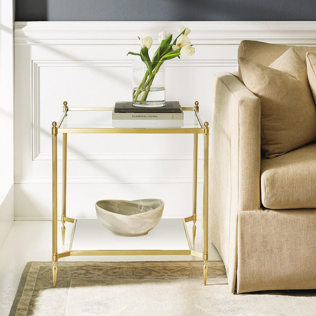 Modern History Square Satin Brass Lacquered Plated Finish Pom End Table with Buffed White Acrylic Drop-In Base - Side & Accent Tables - The Well Appointed House