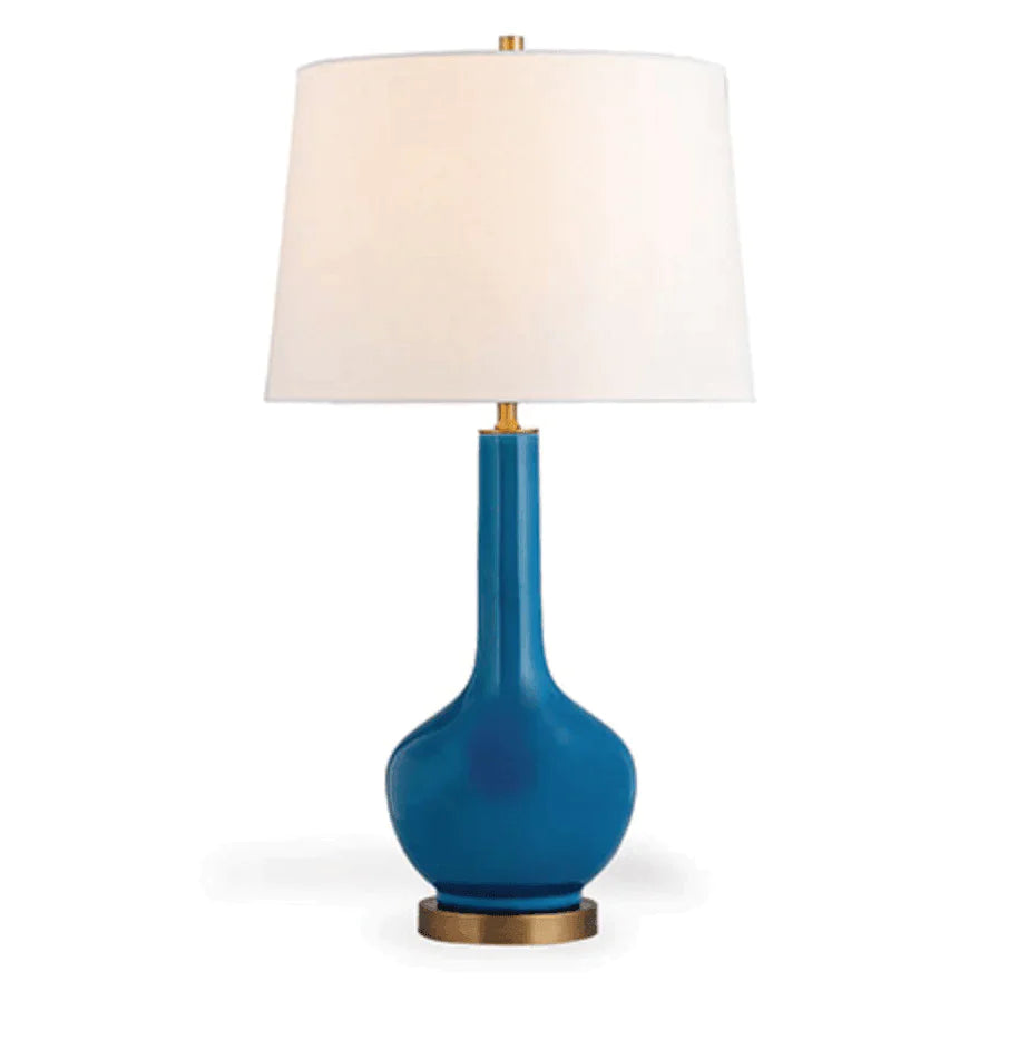 Modern Turquoise Porcelain Table Lamp With Round Base and Brass Accents - Table Lamps - The Well Appointed House