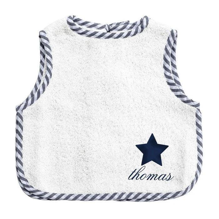Monogrammed Apron Baby Bib in Blue and White Stripe with Star Design - Baby Gifts - The Well Appointed House