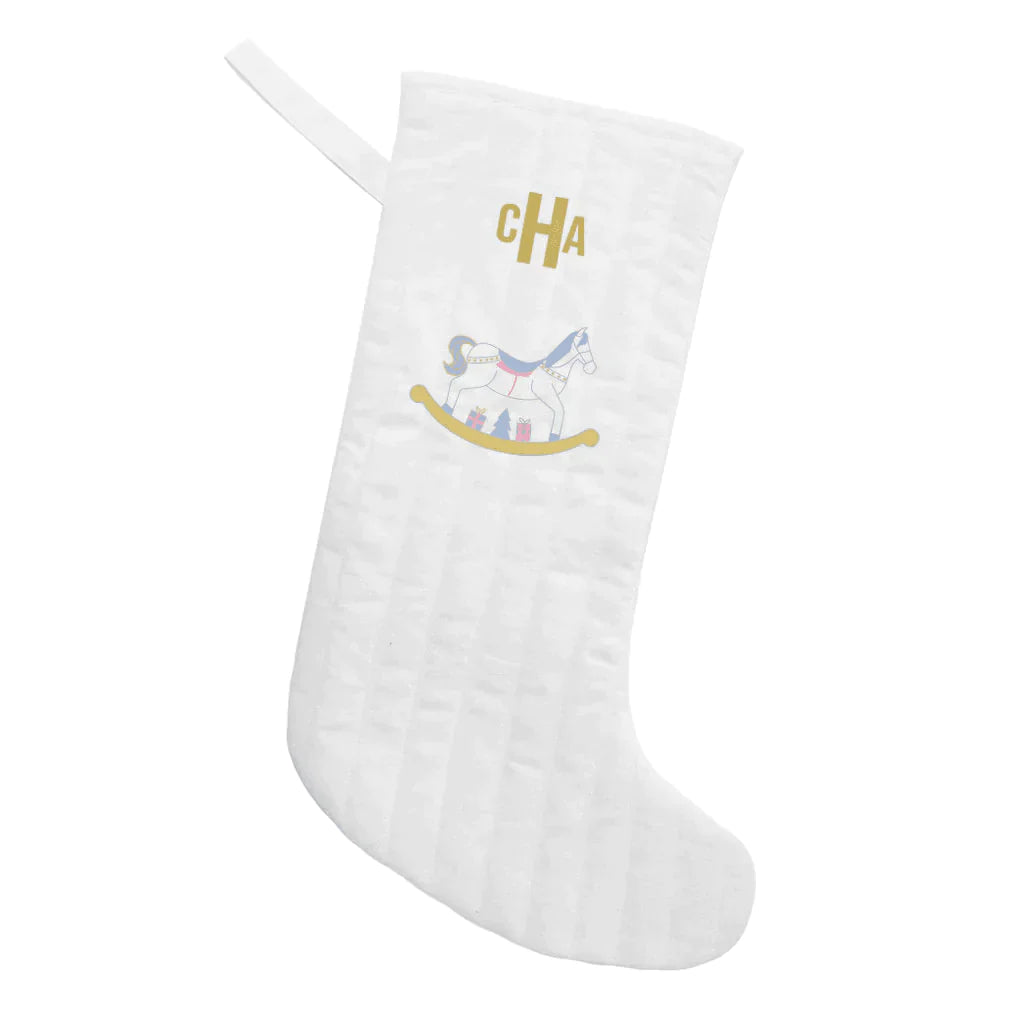 Monogrammed Rocking Horse Stocking in White Linen for Kids - Baby Gifts - The Well Appointed House