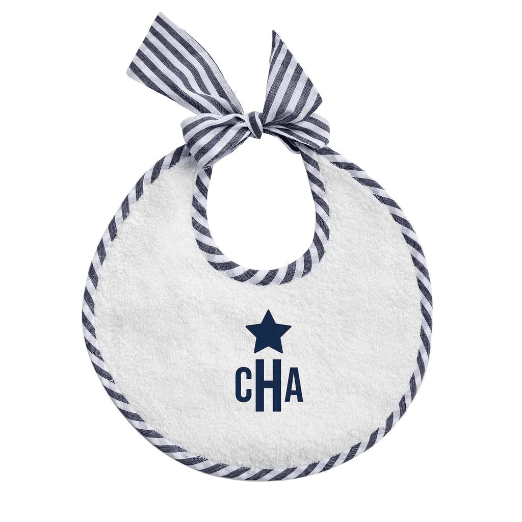 Monogrammed White Linen Bib with Blue and White Stripes and Star Design - Baby Gifts - The Well Appointed House