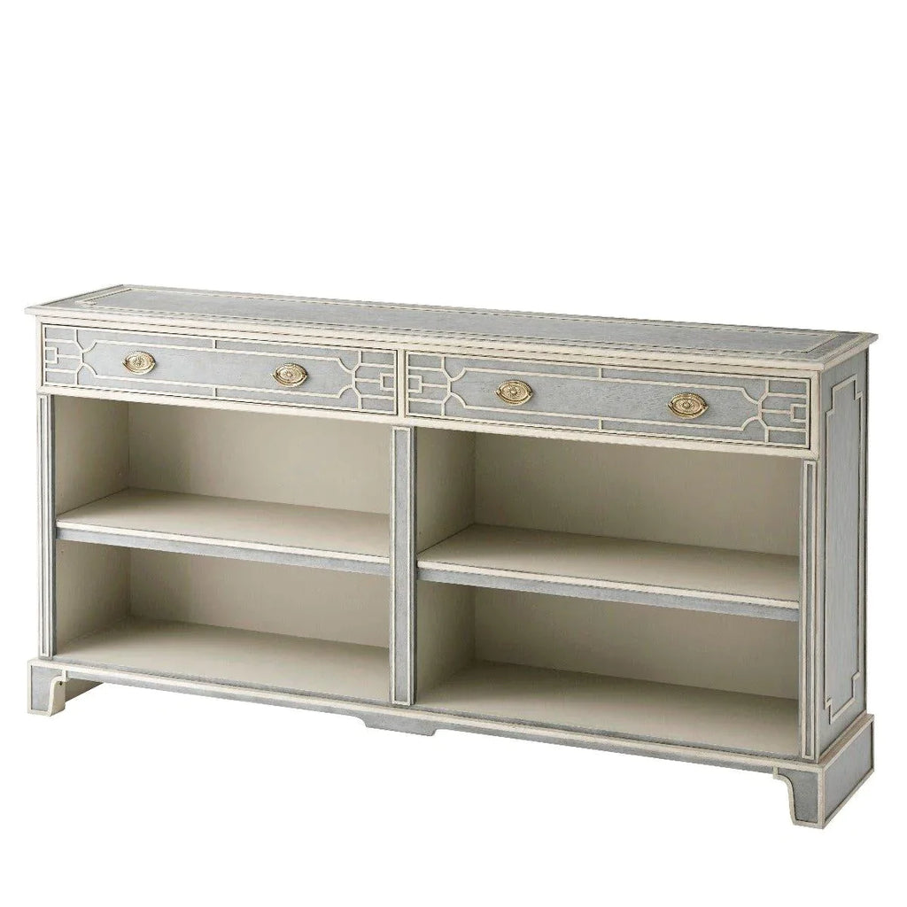 Morning Room Grey Fretwork Low Bookcase Console with Two Drawers - Bookcases & Etageres - The Well Appointed House