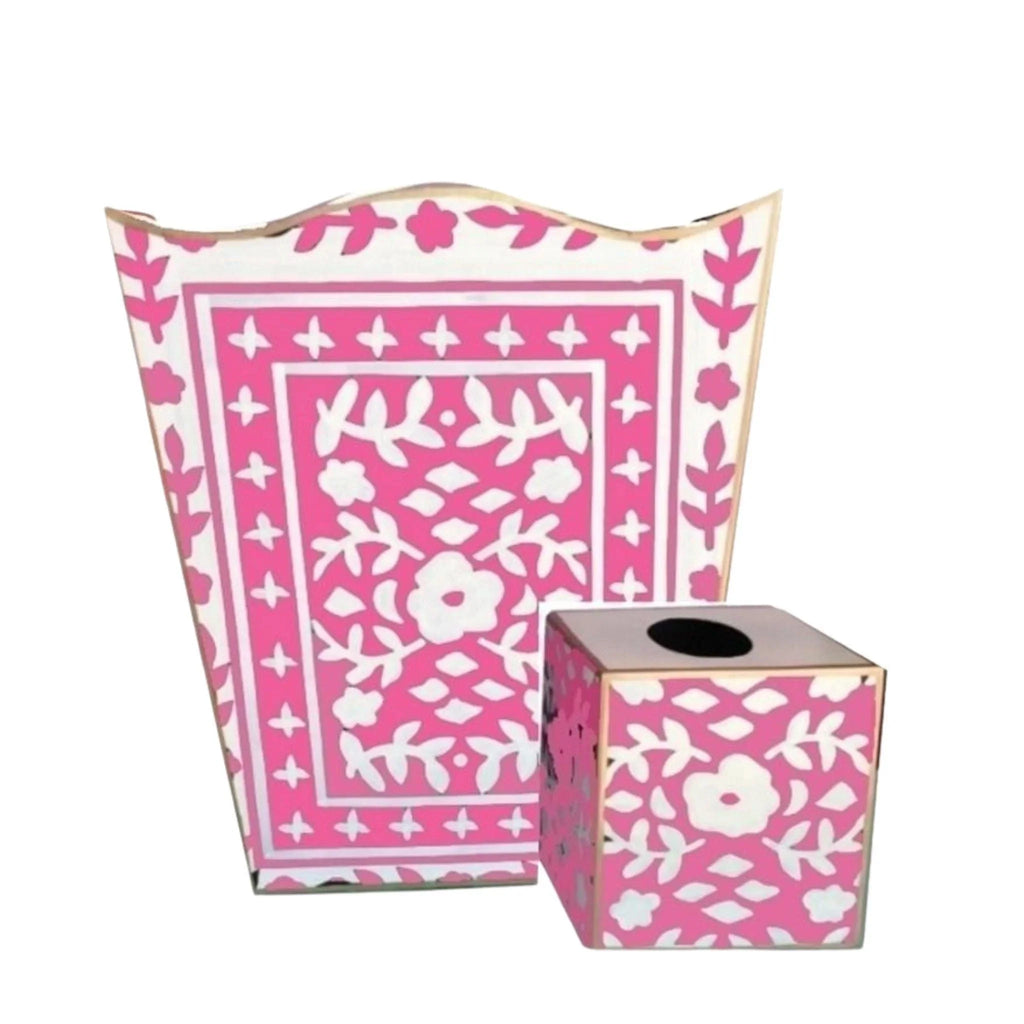 Mosaic in Pink Wastebasket with Optional Tissue Box - Wastebasket Sets - The Well Appointed House