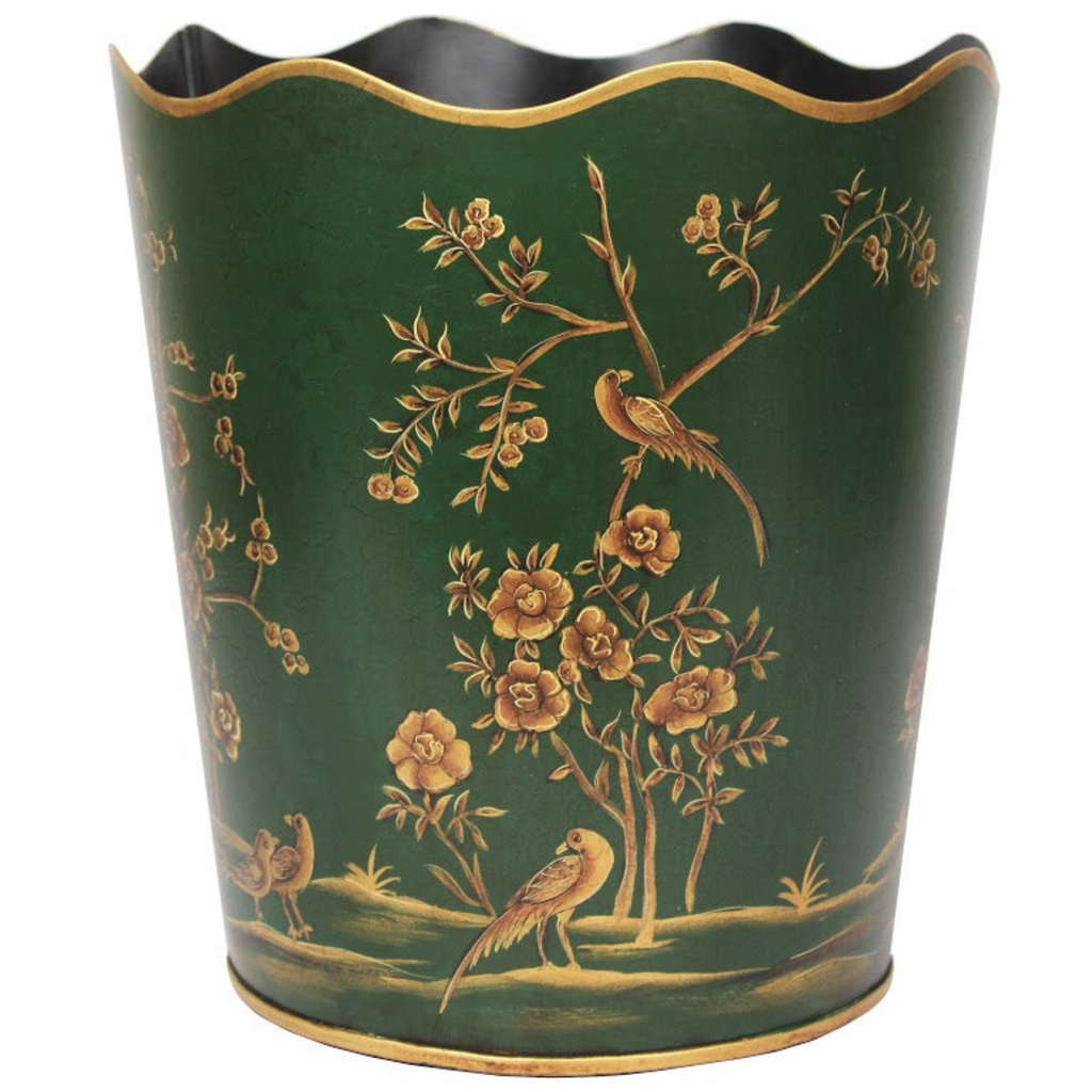 Moss Green & Gold Scalloped Wastepaper Basket - The Well Appointed House 