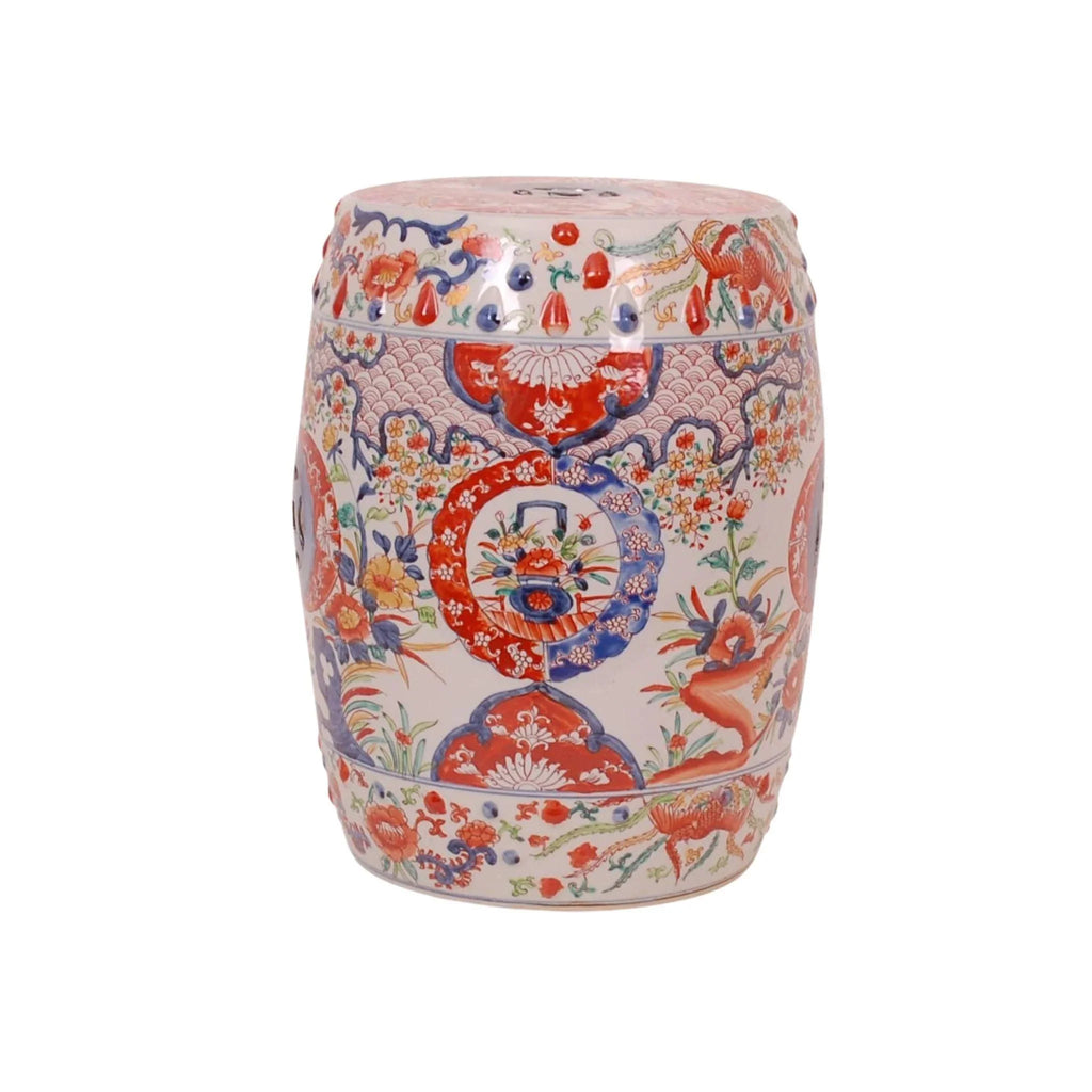 Multi-Color Imari Porcelain Garden Seat with Carving Details - Garden Stools & Benches - The Well Appointed House