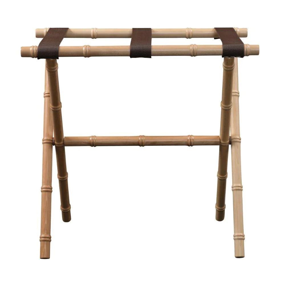 Natural Bamboo Inspired Wood Luggage Rack with 3 Brown Nylon Straps - End of Bed - The Well Appointed House