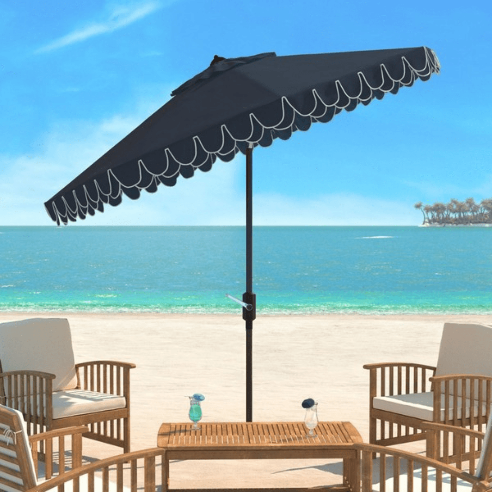 chic patio umbrella 6.5ft Beach | Boho Fringe Parasol Outdoor | UV Protection & Waterproof | Picnic Umbrella for Deck Pool Sun Shade and Outdoor Entertaining Transform your outdoor space with the Meze 9 ft crank umbrella in a chic design paired with a sleek white pole Modern Patio Umbrellas Under $200