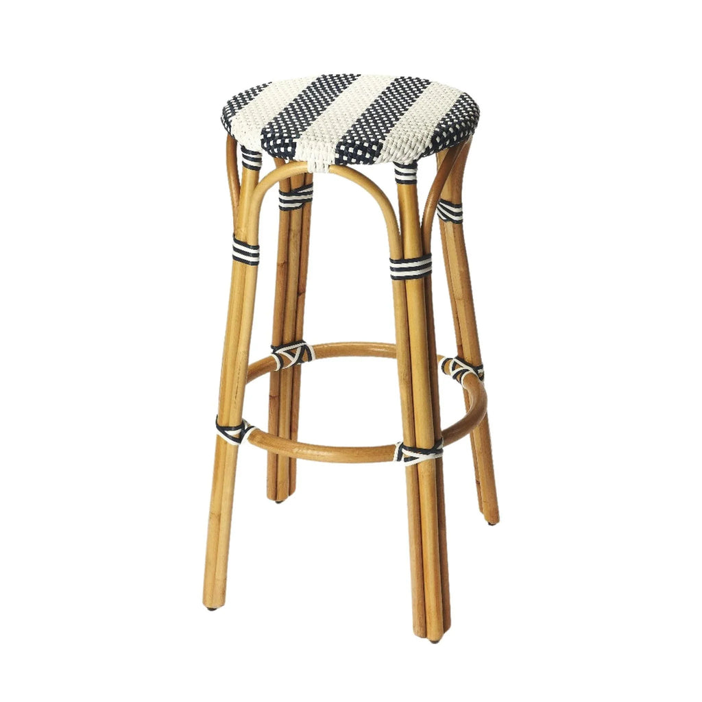 Navy Blue and White Striped Rattan Frame Bar Stool - Bar & Counter Stools - The Well Appointed House