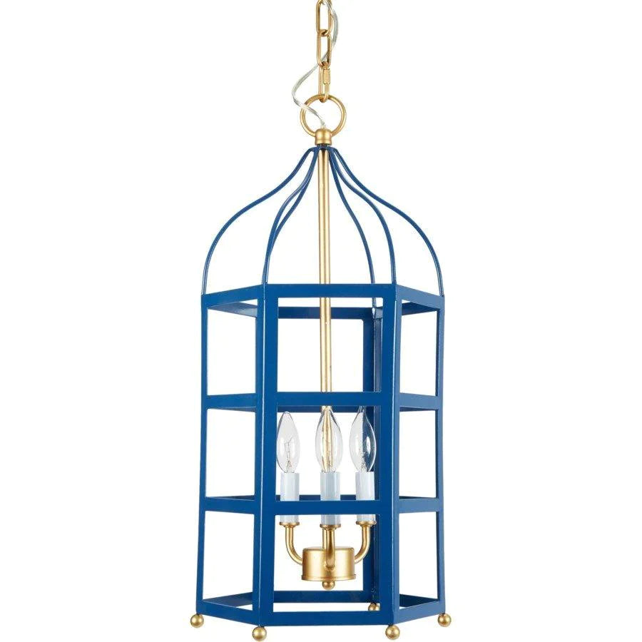 Navy Blue Pendant 3-Light Lantern with Gold Accents - Chandeliers & Pendants - The Well Appointed House