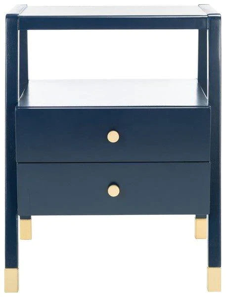 Navy Blue Two Drawer One Shelf Side Table With Gold Accents - Side & Accent Tables - The Well Appointed House