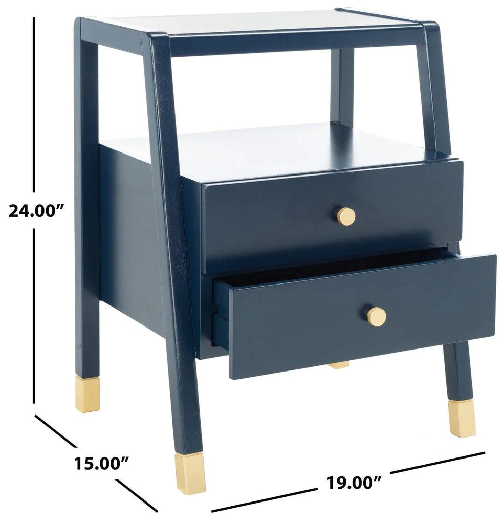 Navy Blue Two Drawer One Shelf Side Table With Gold Accents - Side & Accent Tables - The Well Appointed House