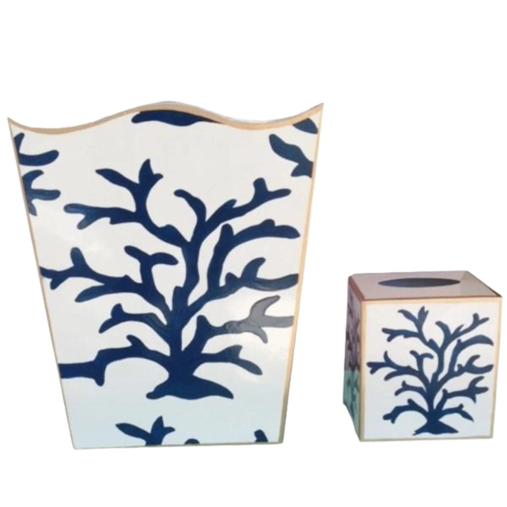 Navy Coral Wastebasket with Optional Tissue Box - Wastebasket Sets - The Well Appointed House