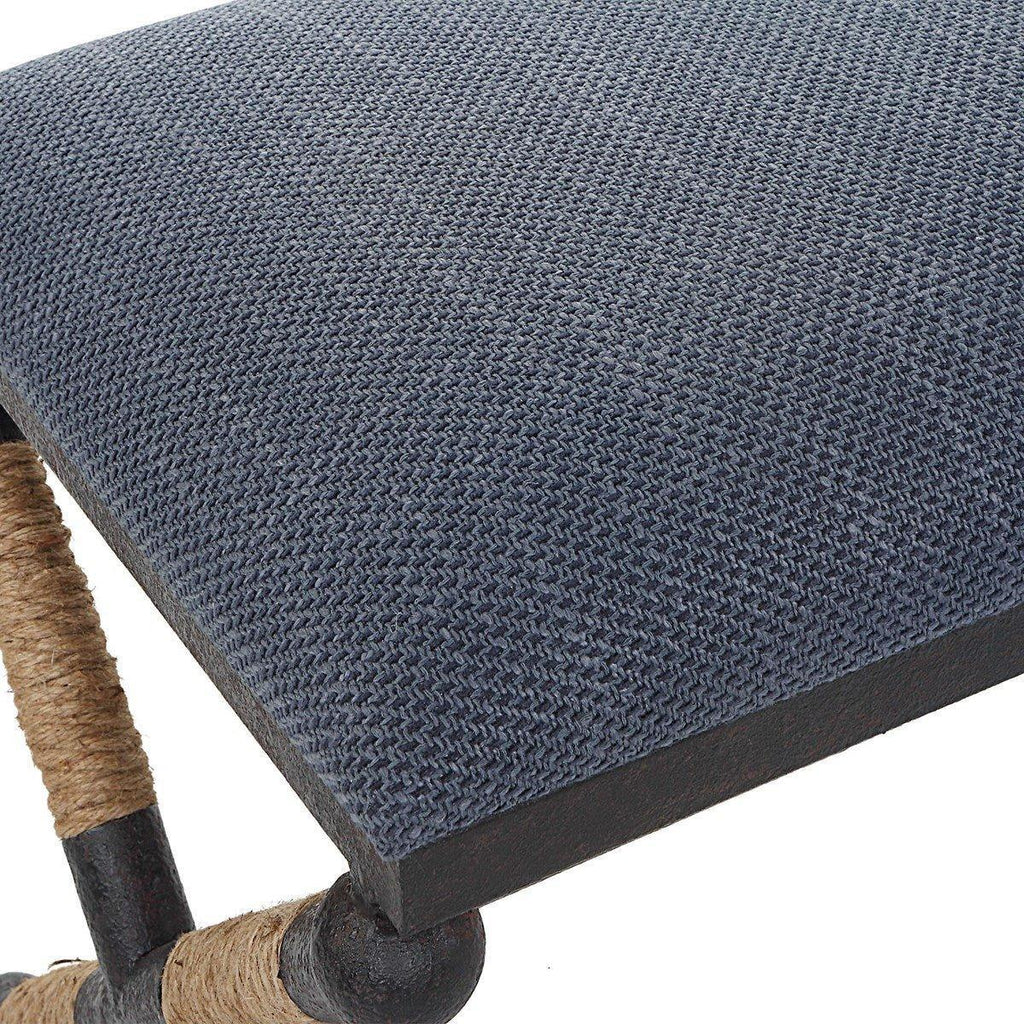 Navy Upholstered Rustic Iron Framed Bench - Ottomans, Benches & Stools - The Well Appointed House